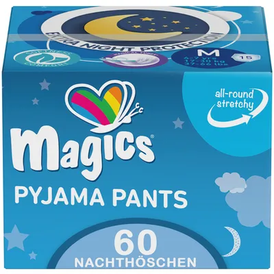 Immagine prodotto di Pantaloni pigiama Magics - 60 mutandine da notte per bambini dai 4 ai 7 anni - Taglia M (17-30 kg) - 60 pannolini da notte assorbenti per adolescenti in caso di enuresi notturna