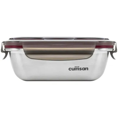 A stainless steel food container with a brown lid and maroon seal.