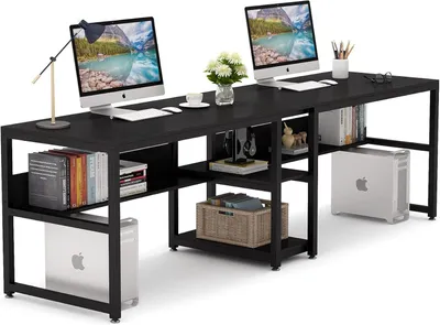 Immagine prodotto di Scrivania doppia con libreria integrata, postazione di lavoro per due persone con spazio contenitivo