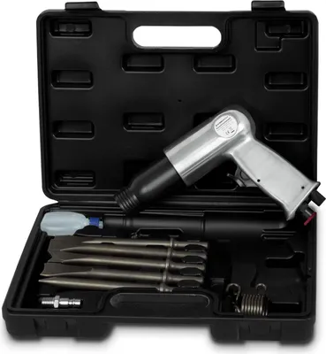 Produktbild von EBERTH Druckluftmeißel mit Koffer, Werkzeug-Set 10-teilig, 4500 Schläge/min, 5x Meißel 150 mm, Druckluft Meißelhammer mit 1/4" Anschluss