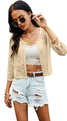 Productafbeelding van Ietaoo dames bolerojas, feestelijk, 3/4 mouw, blazer, schoudertas, open voorkant, met kant
