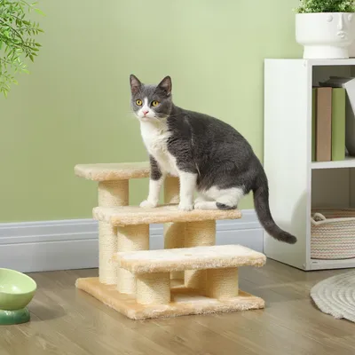 Image de Escalier pour chats âgés souffrant d'arthrite, hauteur de marche de 11 cm, escalier pour chiens et chats, recouvert de peluche, couleur crème