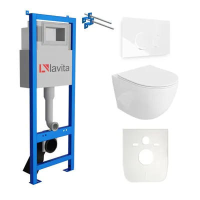 Produktbild von Lavita LAV 101 Vorwandelement für WC 40cm + Wand Hänge Tiefspül WC SINTO Weiß Spülrandlos + Bedienplatte LAV 200.4.1 Weiß | Komplettset | Unterputz Spülkasten | Toilette Komplett Sett