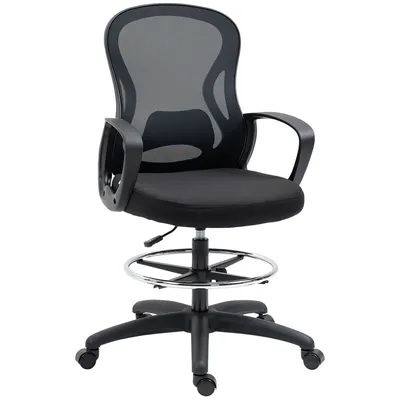 Produktbild von Vinsetto Bürostuhl, Ergonomischer Zeichenstuhl mit verstellbarer Fußstütze, 103-123 cm Höhenverstellbarer Computerstuhl, Drehstuhl, Arbeitsstuhl mit Rollen, Mesh, Schwarz