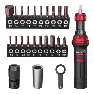 Produktbild von 1/4 Zoll Drehmomentschraubendreher Set – einstellbar 1–6 Nm, mechanisch, 20 Bits + 3 Zubehör, für Fahrrad, Elektronik & Heimwerker
