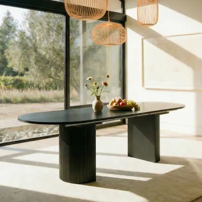 Produktbild von Esstisch EMEZA 180-240 x 90 mit ausziehbarer Tischplatte, Schwarz - Ovaler Esszimmertisch mit robusten Standfüßen in Lamellenoptik, großer Küchentisch mit stabiler MDF Tischplatte.