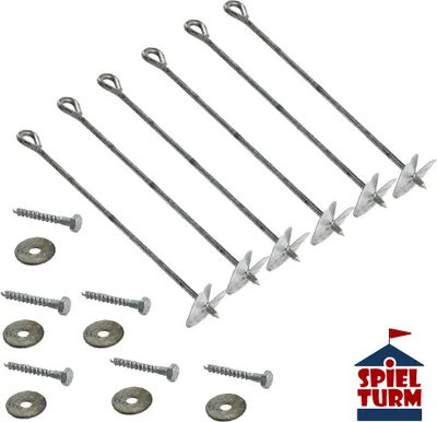 A set of ground anchors and screws on a white background.