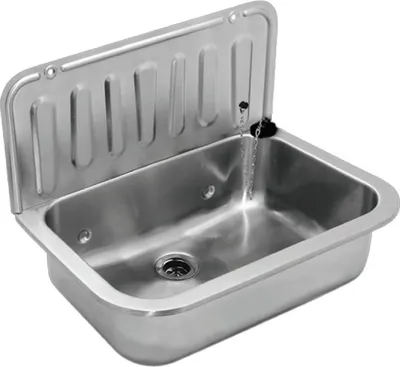 A stainless steel wall-mounted sink with a raised backsplash.
