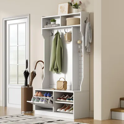 Produktbild von MODFU Garderobenset mit Sitzbank, 6 Haken, Flurgarderobe mit 1 Tür und 2 offenen Fächern, praktisches Design für Eingangsbereich, Weiß