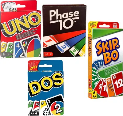 Produktbild von SPAR-SET 169882 - Mattel - 4er Set Kartenspiele: UNO, Skip Bo, Phase 10 und DOS