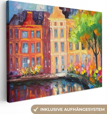 Produktbild von MuchoWow® - Leinwandbilder - Ölgemälde - Amsterdam - Kunst - Farbenfroh, Wandbild, Wanddeko Bilder Wohnzimmer, 120x90 cm