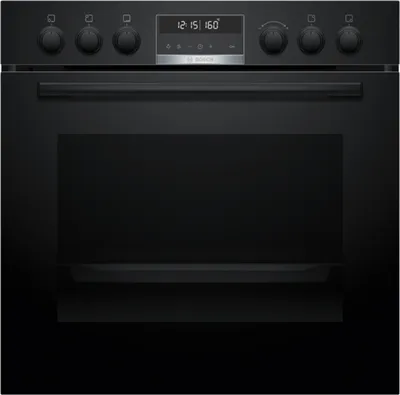 A front view of a black Bosch oven.