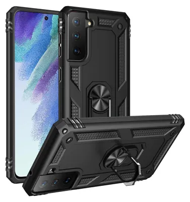A black protective phone case with a ring stand is shown from multiple angles.