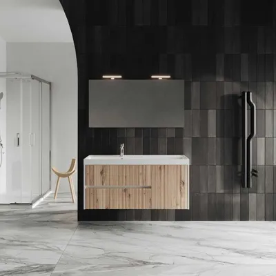 Produktbild von Möbelset für das Badezimmer in 120cm, geriffelt mit Eiche und Spiegel | Cortina