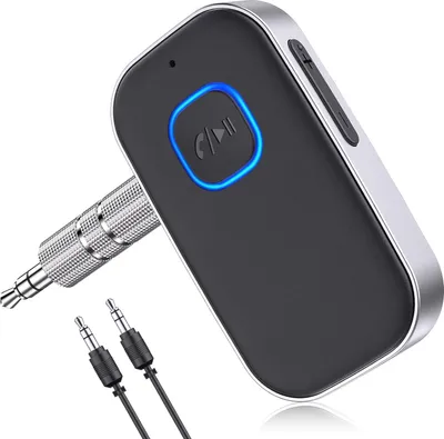 A Bluetooth adapter with a 3.5mm aux plug and two audio cables against a white background.