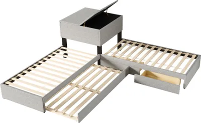 Produktbild von Abrihome Kinderbett 90x200 cm Polsterbett Eckbett aus Leinen, 2 Einzelbett mit Ausziehbett und Stauraumschublade, Grau(Ohne Matratze)