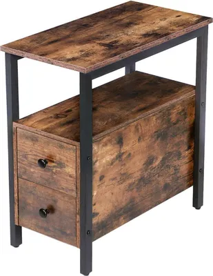 Image de HOOBRO Table d'appoint étroite Industrial avec 2 tiroirs, aspect bois