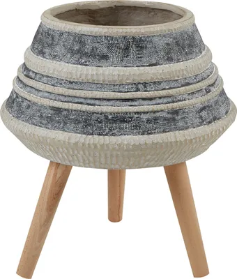 Produktbild von BELIANI Blumentopf Beige u. Grau aus Magnesiumoxid Rund 37 x 37 x 54 cm mit Holzbeinen Streifen Muster Indoor Outdoor