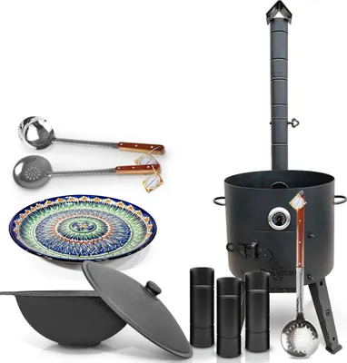 Produktbild von Feuerofen 44 cm 2 mm Stahl Utschak mit Usbekische Kazan 16 L Schaumlöffel Lagan