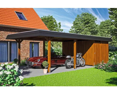 Produktbild von Einzelcarport SKAN HOLZ Wendland schwarze Blende inkl. Abstellraum, Pfostenanker 409 x 870 cm nussbaum