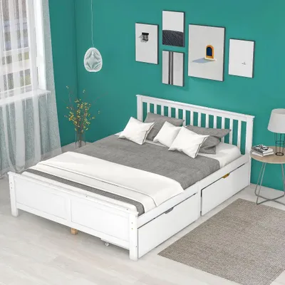 Zdjęcie produktu dla Łóżko - podwójne, 140 x 200 cm - wykonane z litego drewna - z szufladami na przechowywanie - białe - stabilna konstrukcja