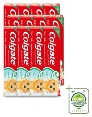 Immagine prodotto di 12 tubetti di dentifricio per bambini Colgate, gusto fragola, per bambini da 0 a 2 anni, 50 ml, confezione grande da 12 pezzi