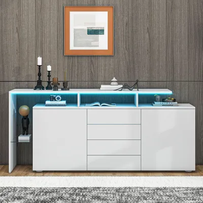Immagine prodotto di Mobile TV da 160 cm di larghezza, mobile contenitore bianco con illuminazione a LED, 2 ante, 4 cassetti e vano in vetro, ideale per il soggiorno