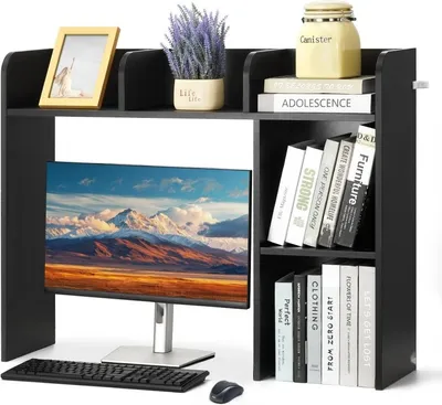 Image de Organiseur de bureau noir à 2 niveaux - Étagère de bureau en aggloméré - Étagère de bureau robuste pour le bureau