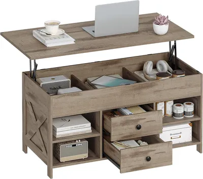 Image de Table basse réglable en hauteur, avec 2 tiroirs et un espace de rangement dissimulé, dimensions : 50 x 100 x 47 cm