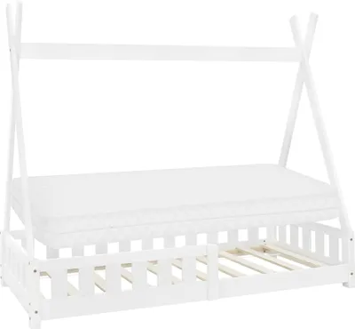 Obrázek produktu pro ML-Design dětská postel tipi 80x160 cm s matrací, ochranou proti vypadnutí a lamelovým roštem, z borovicového dřeva, bílá, postel s plotem, podlaha postele dřevěná postel