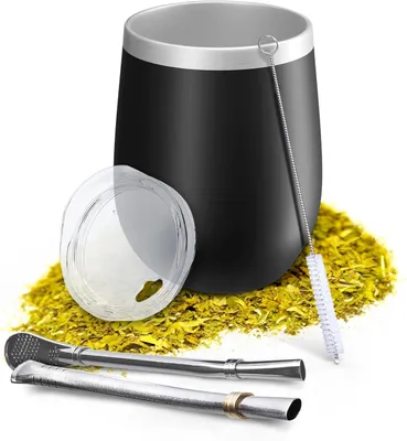 Obrázek produktu pro Hrnek na yerba mate o objemu 350 ml + 2 nerezové brčka typu bombilla, dvojitá stěna, víčko bez obsahu BPA, černá sada