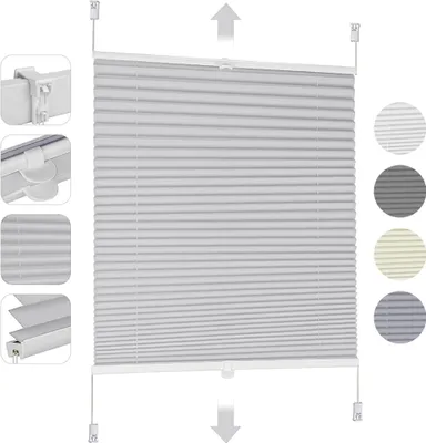 A light gray pleated blind with mounting hardware and color swatches shown on the right.
