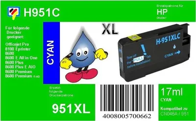 Produktbild von HP951C - TiDis Ersatzpatrone - cyan - mit 17ml Inhalt ersetzt CN046A/HP951CXL