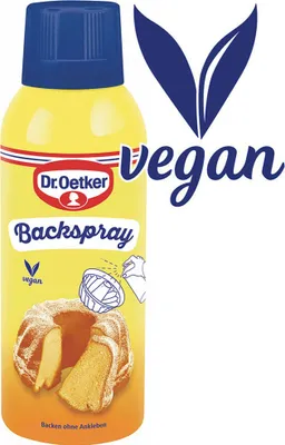 A spray can of Dr. Oetker Backspray with an image of a cake.