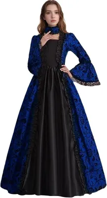 Produktbild von Damenkleid im viktorianischen Stil, blau mit Blumenmuster, im Retro-Swing-Design mit Glockärmeln und Spitze