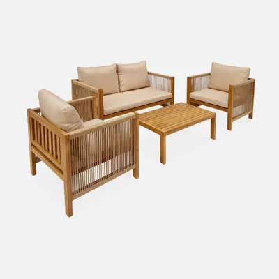 Immagine prodotto di Salotto da giardino in legno e corda, 4 posti, Beige