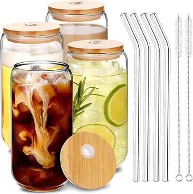 Produktbild von Famanu Cocktailgläser Set 4 Stück mit Bambusdeckel und Glasstrohhalm - 500 ml