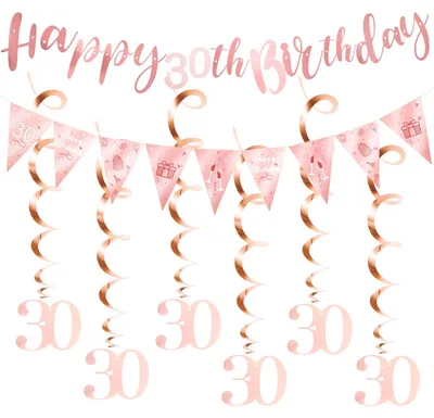 30. Geburtstag Dekoration Roségold Set – Banner, Girlande & Spiralen