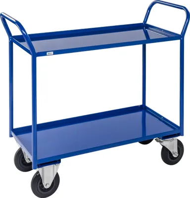 Produktbild von Kongamek Etagenwagen voll verschweisst in blau mit 2 Böden 940x440mm Ladefläche und 24mm Rand mit Bremse