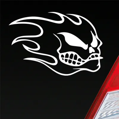 Produktbild von Auto Aufkleber Totenkopf Flammen Kopf Schädel Flame Skull 10x15 cm Weiss Glanz Sticker Heckscheibenaufkleber