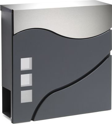 Wiltec Designer Briefkasten V28 Anthrazit und Edelstahl 370 x 105 x 370 mm, Wandbriefkasten mit Schloss, Sichtfenstern und Zeitungsrolle, Postkasten aus pulverbeschichtetem Stahl