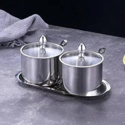 Produktbild von Keramik-Kräuterdöschen mit Glasdeckeln und Löffeln; Küchenbehälter für Kaffeebars, Zucker, Salz, Gewürze, Honig; Packung von 2.