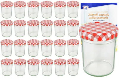 Image de lot de 25 pots 230 ml HOCH To 66 avec couvercle rouge à carreaux et livret de recettes Diamant Gelierzauber