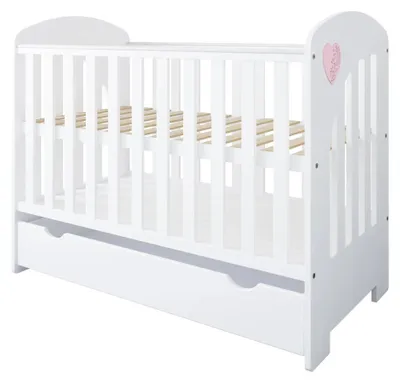 Obrázek produktu pro ZEE HEART Dětská Postýlka 2v1 120x60 cm Bílá Růžové Srdce se Zásuvkou a Bočnicí Přestavitelná na Junior Postel Skandinávský Styl