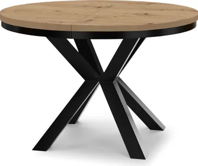 A round dining table with a wooden top and a black metal base, shown against a white background.
