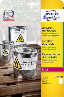 Image de Avery Zweckform L4775-20 Étiquettes en film résistant aux intempéries, 210 x 297 mm, résistant aux intempéries, 20 feuilles/20 étiquettes, blanc