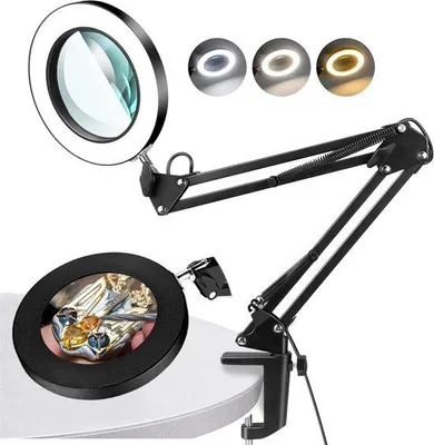 Immagine prodotto di Lampada da ingrandimento LED Unyqoos® 10x con lente in vetro – regolabile, 3 modalità di colore e dimmeraggio continuo, braccio flessibile con morsetto da tavolo per lavori di precisione, hobby e dettagli