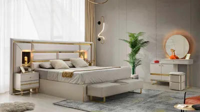 Produktbild von Schlafzimmer-Set 4tlg Bett Nachttische Schminktisch mit Spiegel Weiß Gold Farbe