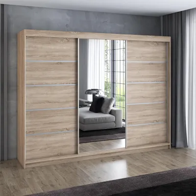 Produktbild von Schwebetürenschrank 200 cm, 3-türig, mit Spiegel & 4 Schubladen, Retro-Stil, Kleiderschrank VILUNO 1   in Sonoma / Sonoma / Sonoma