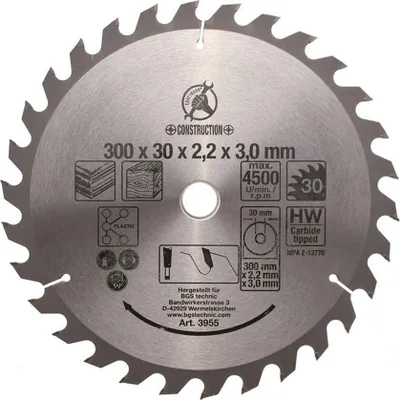 A circular saw blade with text and icons printed on its surface.